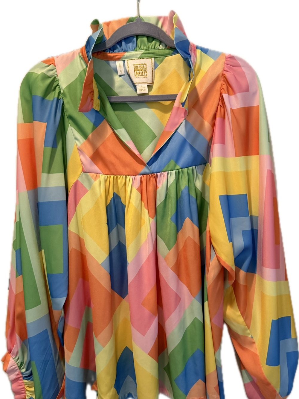 Emily McCarthy EUC Multicolor Geometric Print Long-Sleeve Women's Blouse
